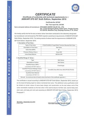 All the Fire safe test certificates of Onero Valve_07